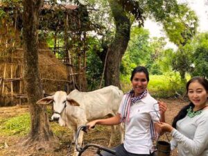 Two Khmer women smiling beside a white cow and a bicycle at a thatched shelter in the Siem Reap countryside