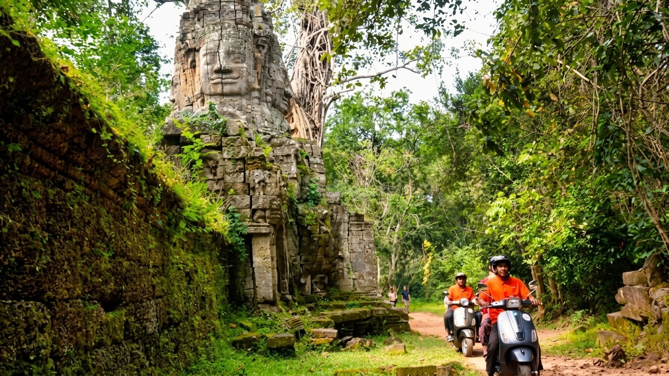 Two guests riding orange Vespas along a mossy jungle path past a giant Bayon-style face tower at Angkor