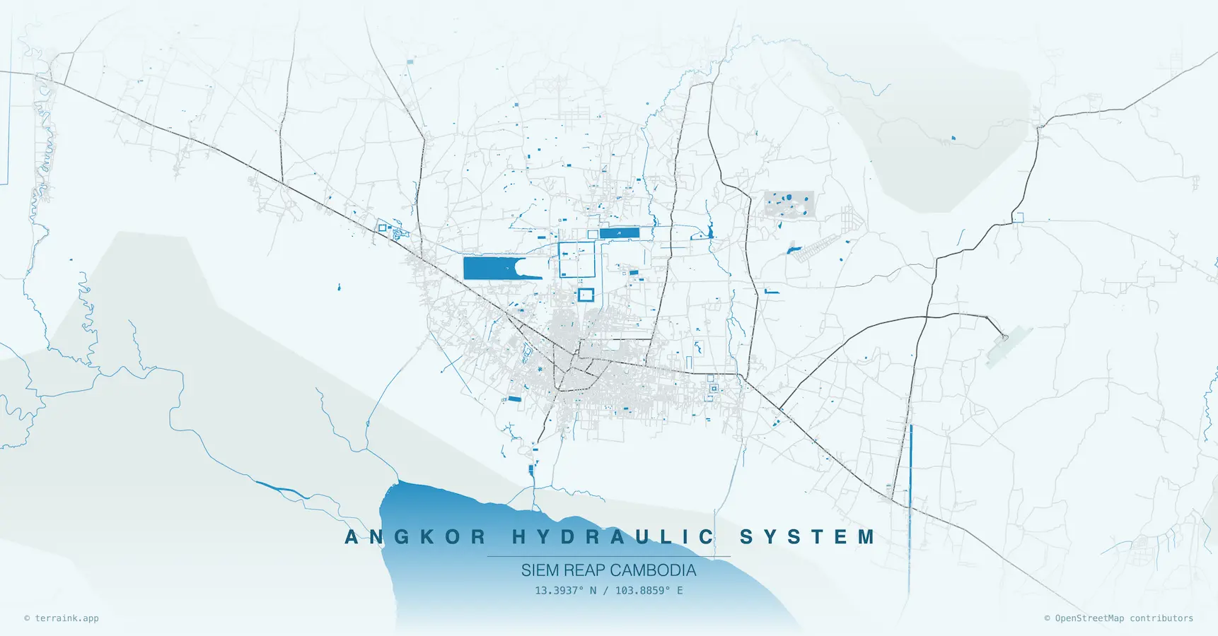 Map of Angkor's ancient hydraulic system near Siem Reap, Cambodia, showing water infrastructure and temple locations