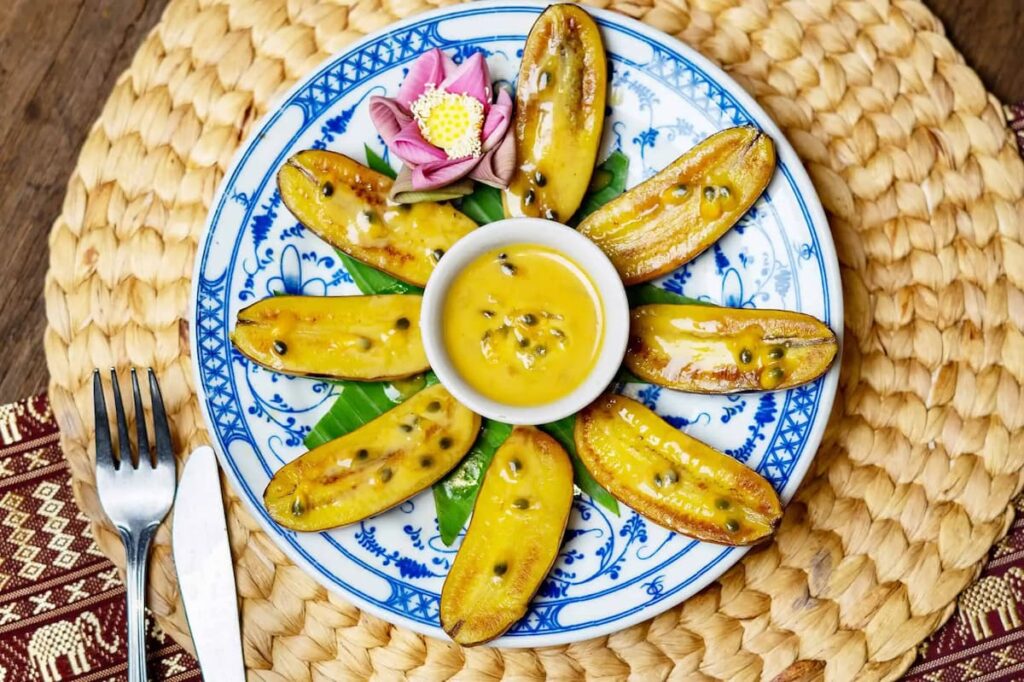 siem reap food banana flambé with passion fruit sauce