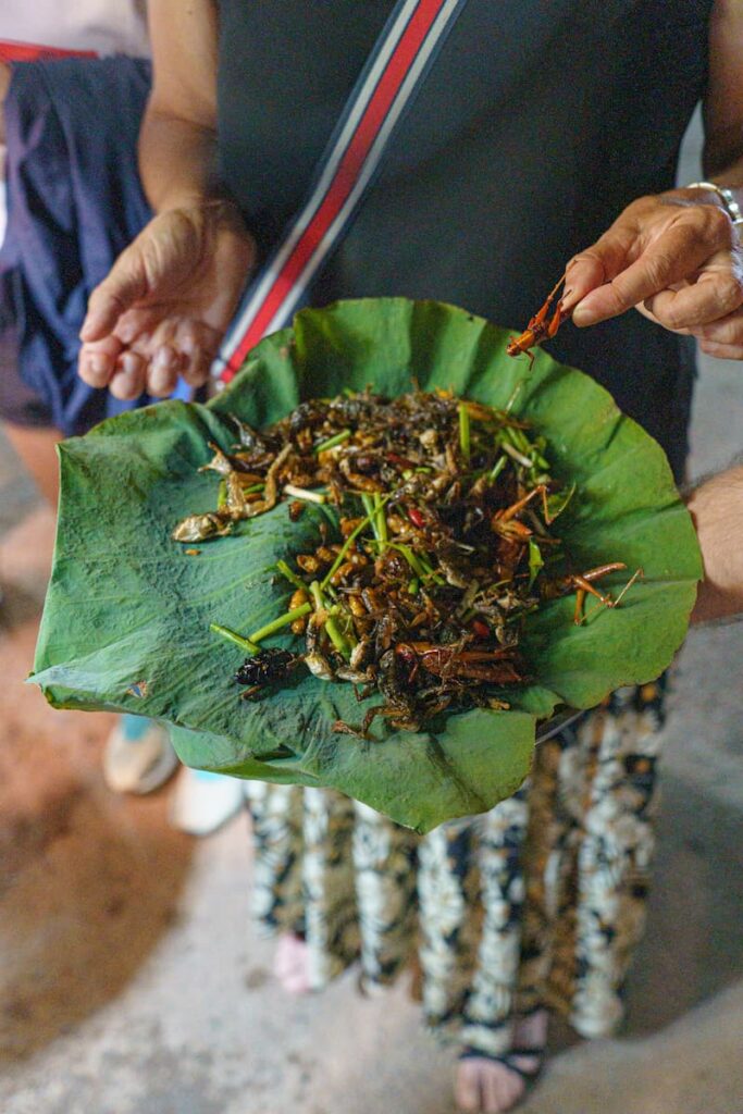 Grilled crickets served on a banana leaf during a Siem Reap food tour at the night market
