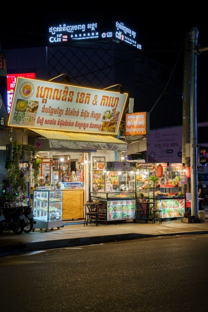 Street food shop at night in Siem Reap during a local food tour