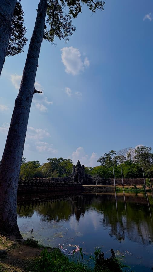 The moat around Angkor Thom reflecting a temple gopura and a tall tree
