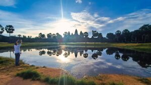 Photographer captures Angkor Wat reflected in the north pond at sunrise.