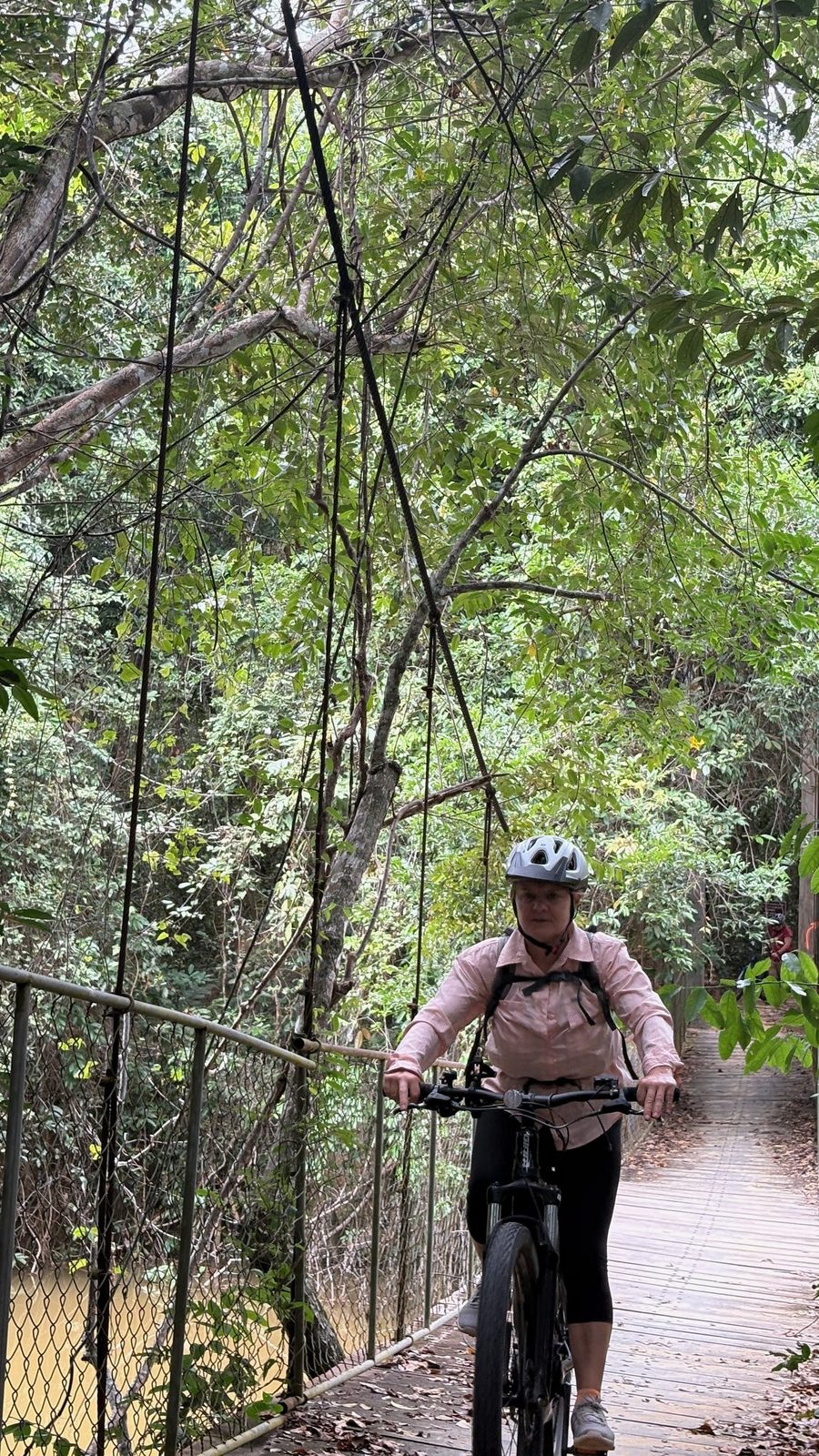 Cyclist rides a single-track forest trail under the canopy near Angkor
