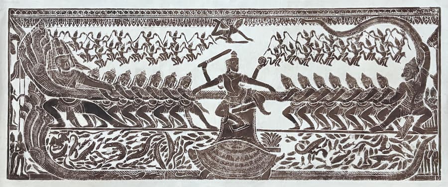 Rubbing of a Churning of the Sea of Milk bas-relief showing Vishnu on Mount Mandara with gods and demons pulling the naga serpent