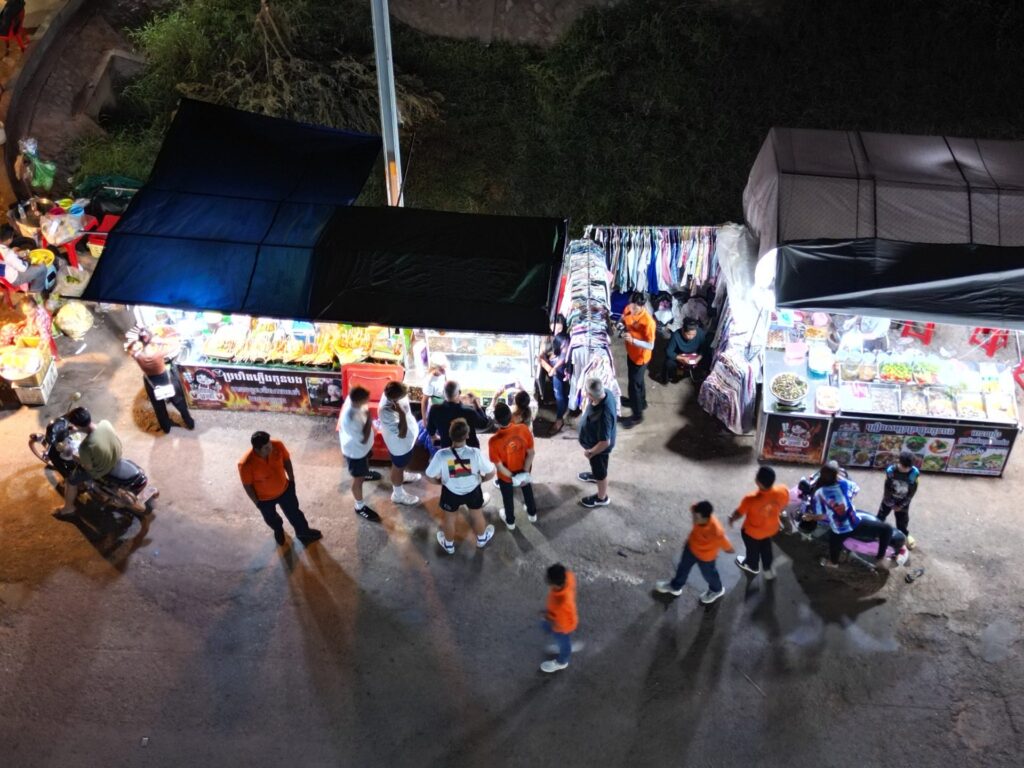 Siem Reap night-market stalls seen from above