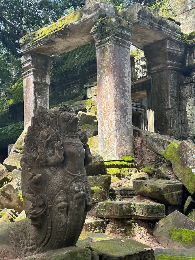 Naga balustrade among moss-covered ruins at Ta Prohm temple Angkor