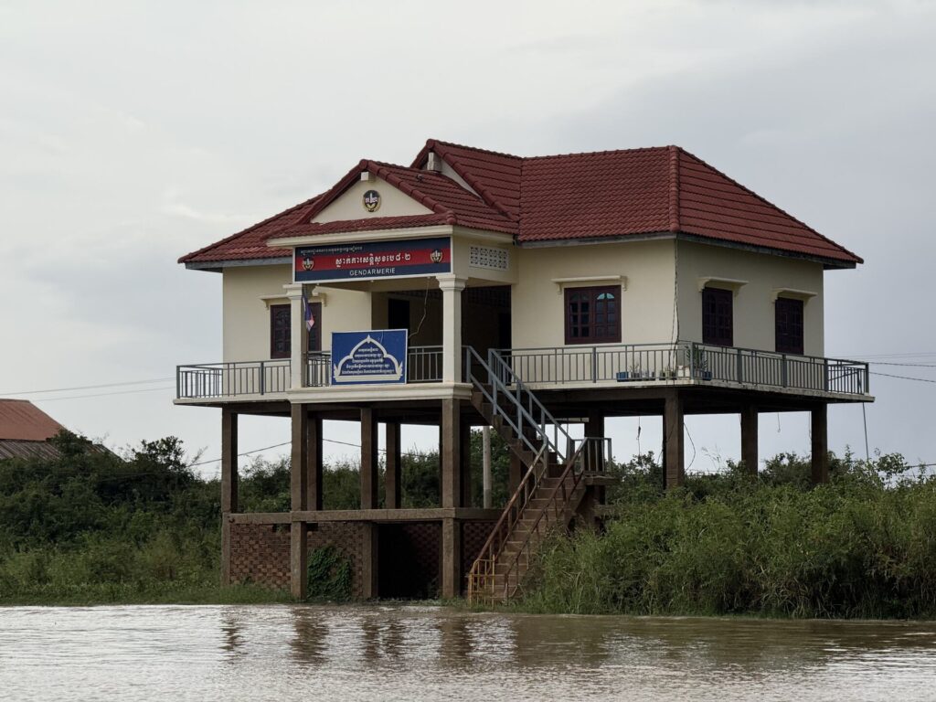 The gendarmerie post of Kampong Phluk standing on tall concrete stilts