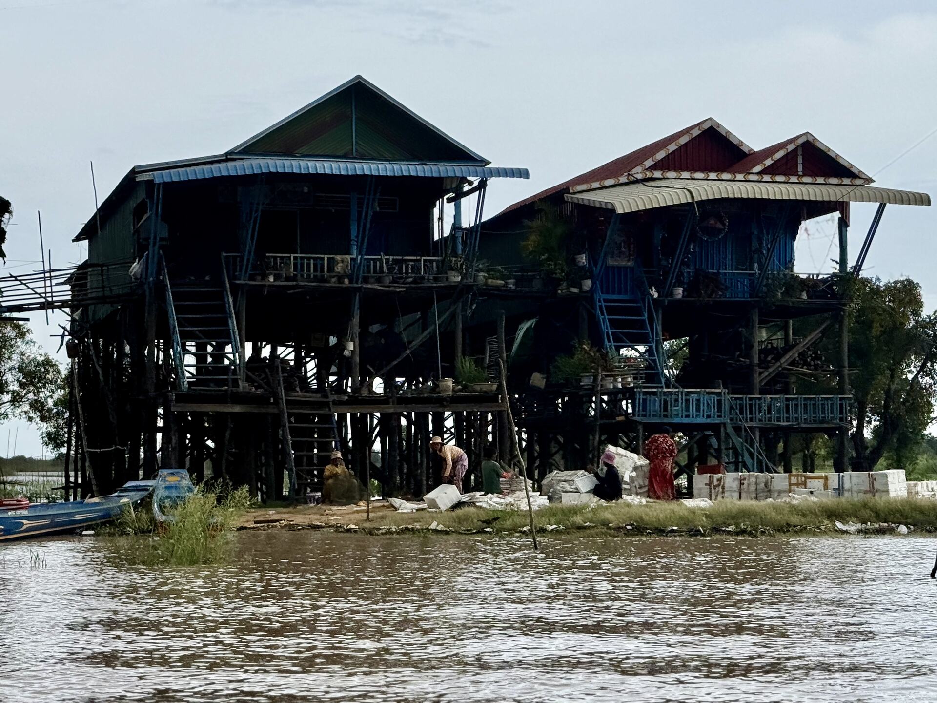 Tall wooden stilt houses with blue staircases above the water at Kampong Phluk